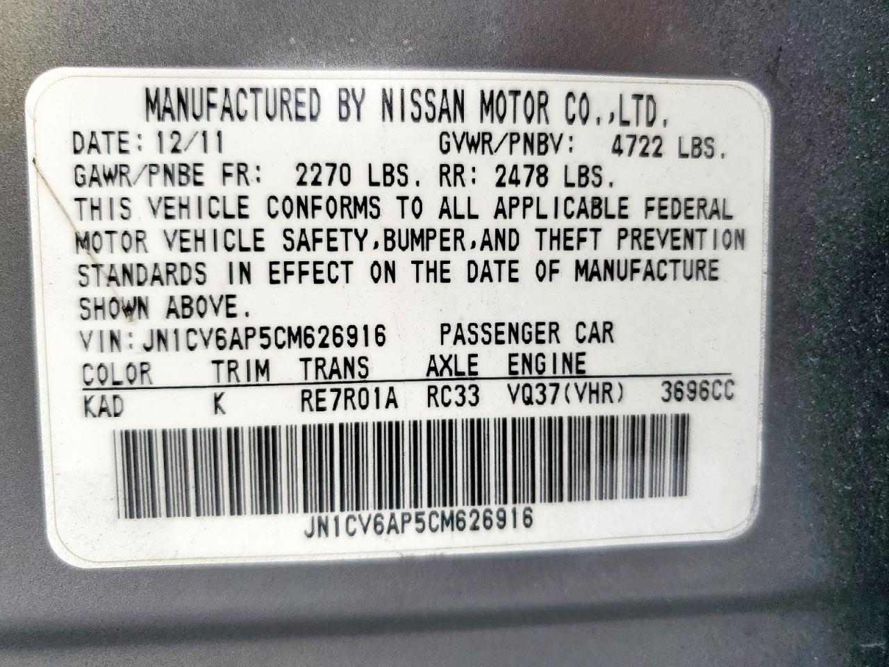 2012 Infiniti G37 Base VIN: JN1CV6AP5CM626916 Lot: 93129025