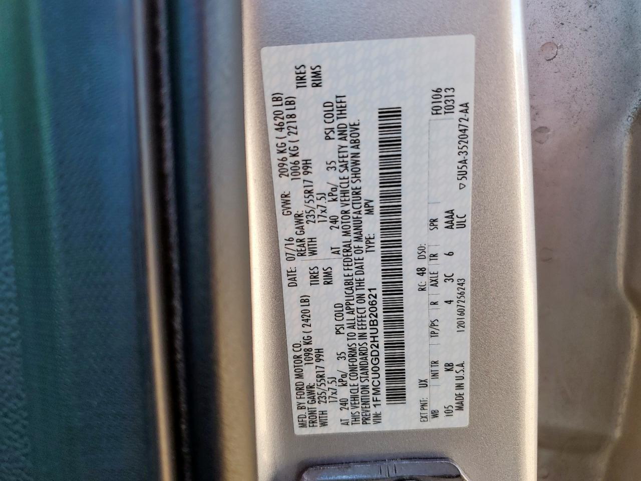 2017 Ford Escape Se VIN: 1FMCU0GD2HUB20621 Lot: 92503215