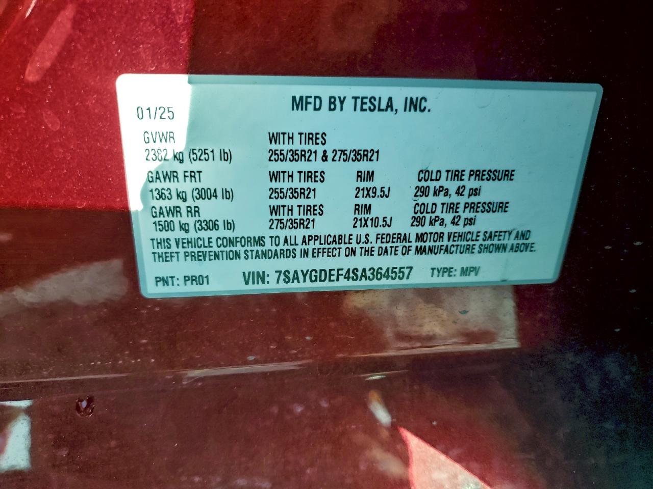2025 Tesla Model Y VIN: 7SAYGDEF4SA364557 Lot: 94273935