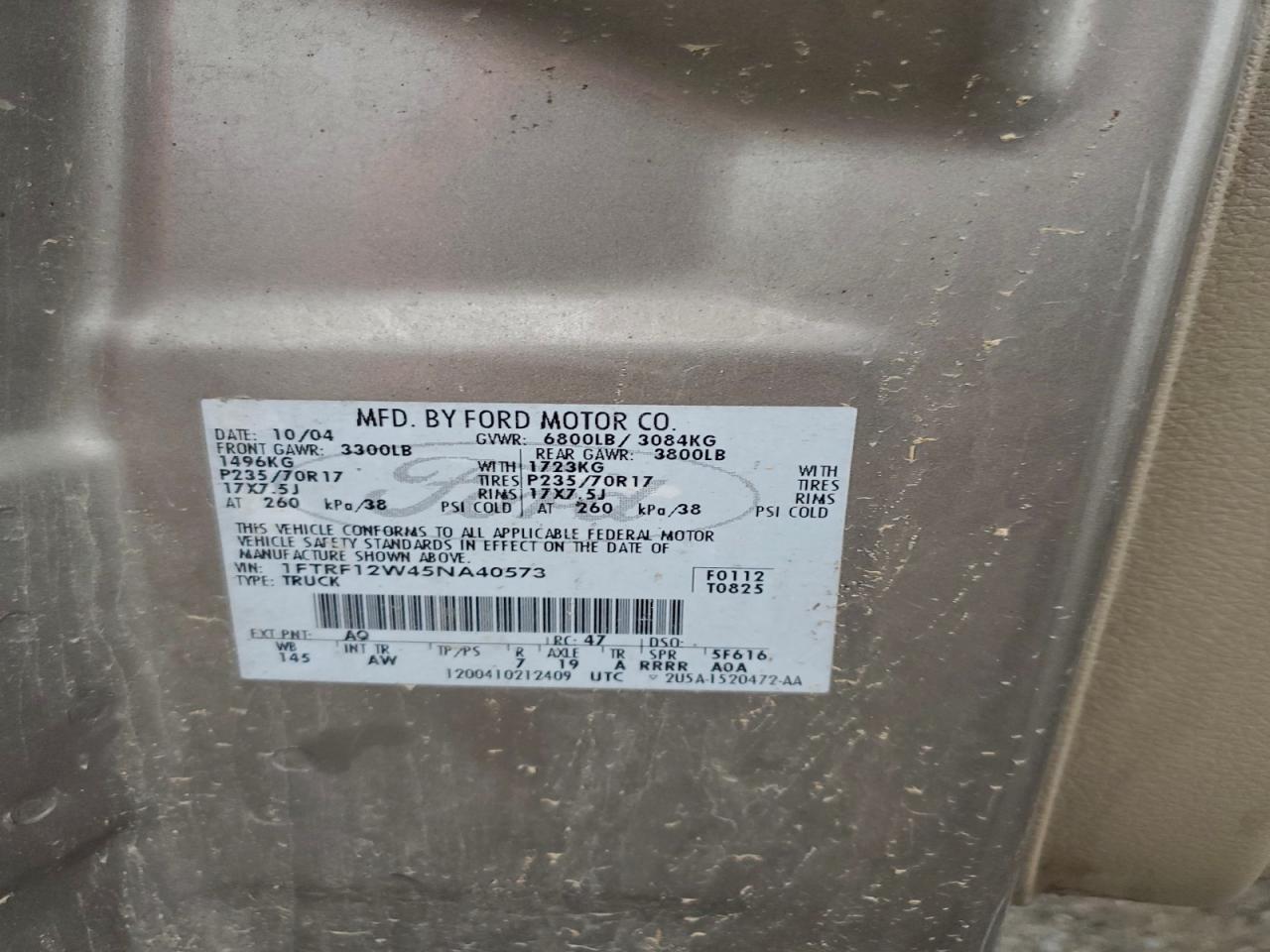 2005 Ford F150 VIN: 1FTRF12W45NA40573 Lot: 93841295