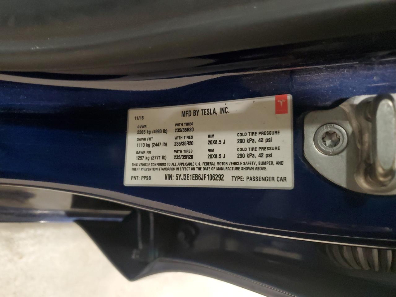 2018 Tesla Model 3 VIN: 5YJ3E1EB6JF106292 Lot: 92739095