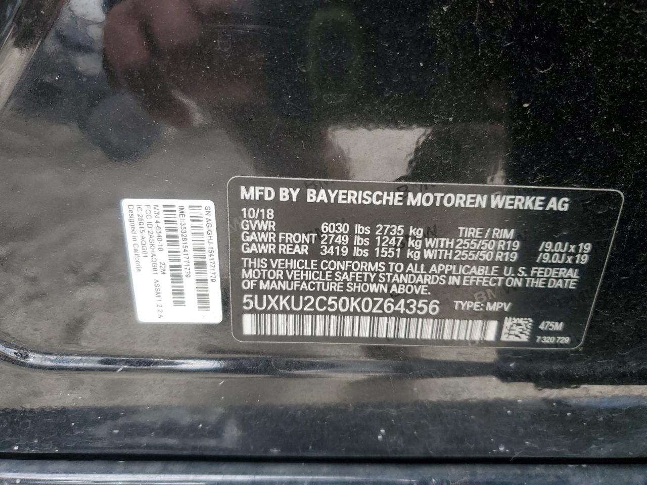 2019 BMW X6 xDrive35I VIN: 5UXKU2C50K0Z64356 Lot: 92100085