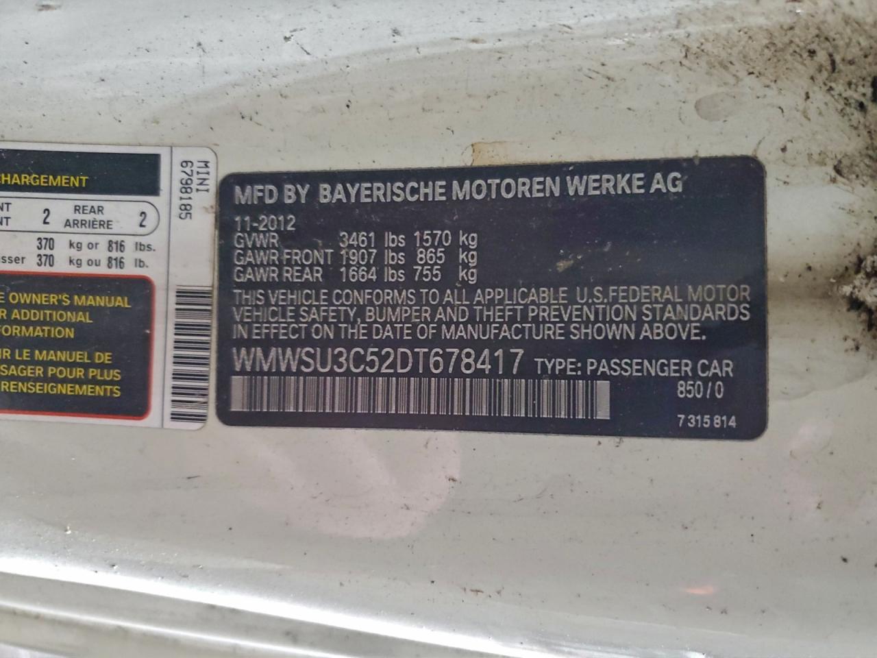 2013 Mini Cooper VIN: WMWSU3C52DT678417 Lot: 94336035