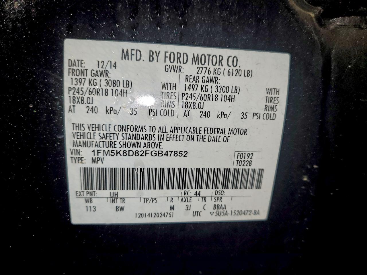 2015 Ford Explorer Xlt VIN: 1FM5K8D82FGB47852 Lot: 93633275