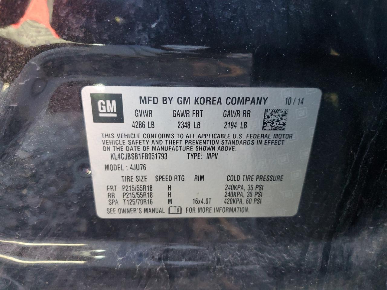 2015 Buick Encore Convenience VIN: KL4CJBSB1FB051793 Lot: 85429125