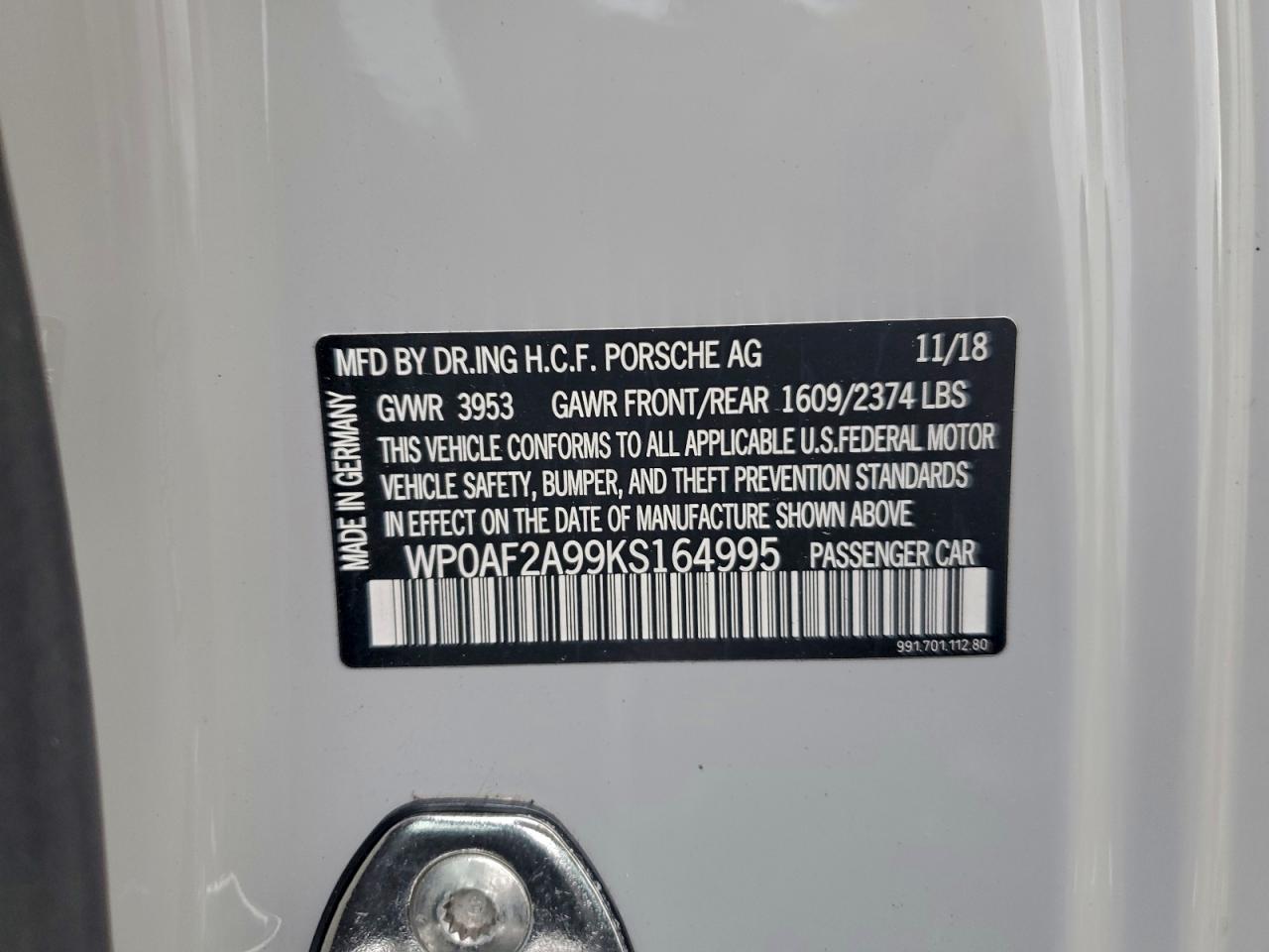 2019 Porsche 911 Gt3 Rs VIN: WP0AF2A99KS164995 Lot: 93473775