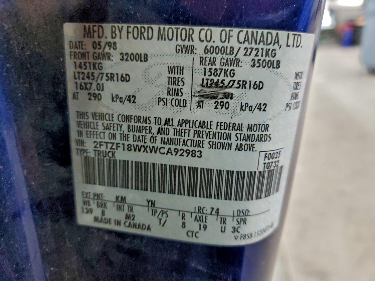 1998 Ford F150 VIN: 2FTZF18WXWCA92983 Lot: 93151645