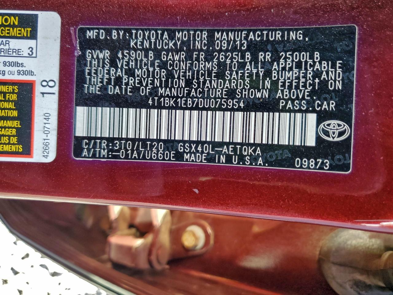 2013 Toyota Avalon Base VIN: 4T1BK1EB7DU075954 Lot: 93635985