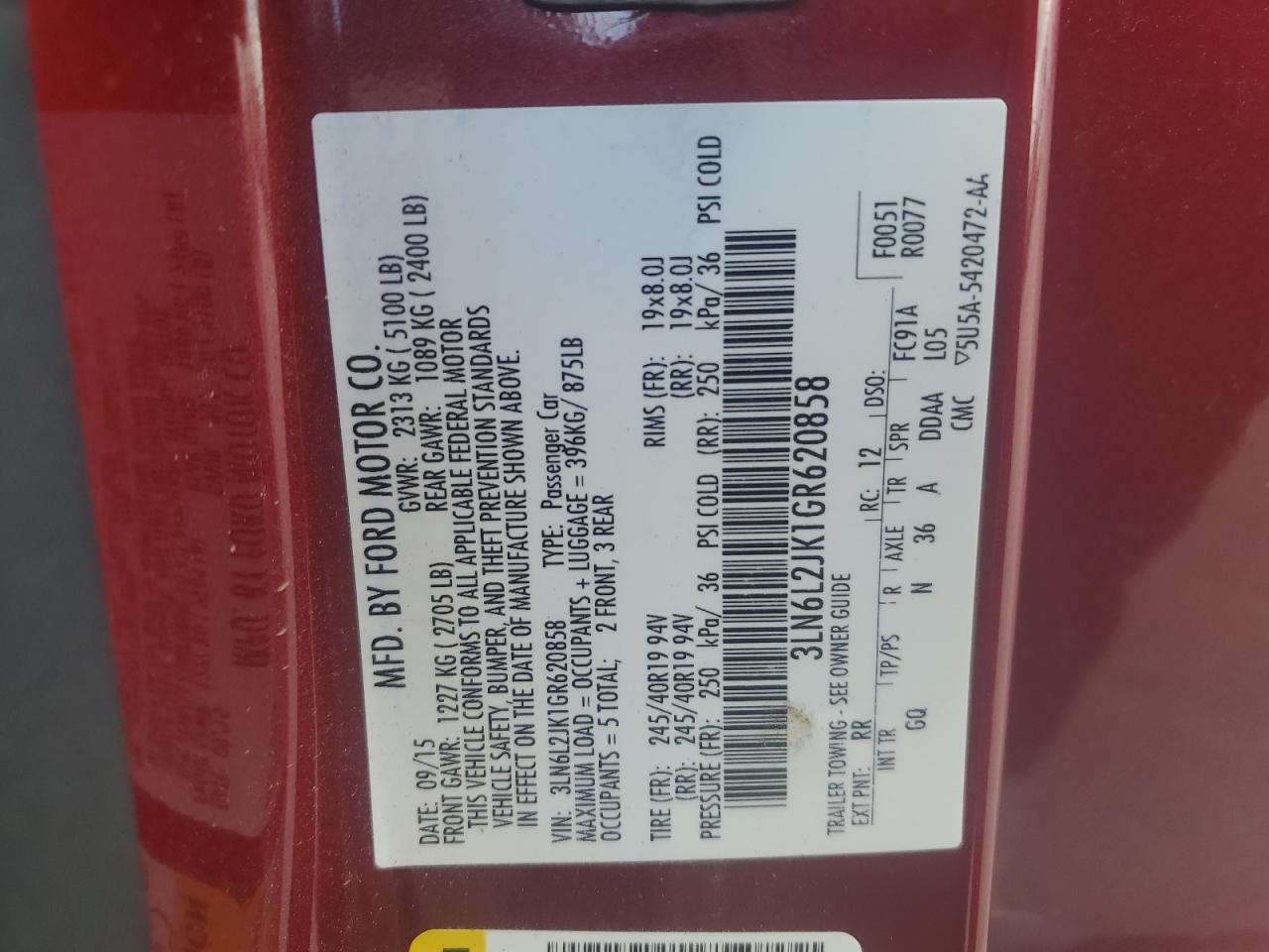 2016 Lincoln Mkz VIN: 3LN6L2JK1GR620858 Lot: 91873135