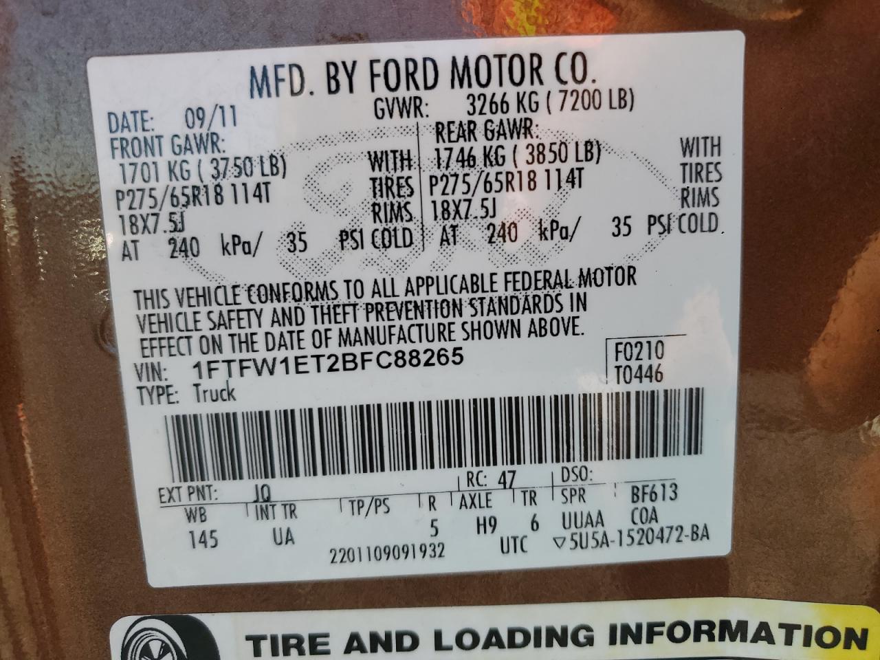 2011 Ford F150 Supercrew VIN: 1FTFW1ET2BFC88265 Lot: 90345465