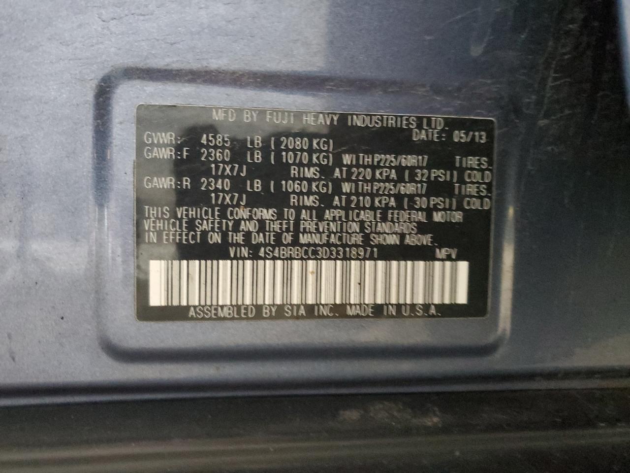 2013 Subaru Outback 2.5I Premium VIN: 4S4BRBCC3D3318971 Lot: 93380875