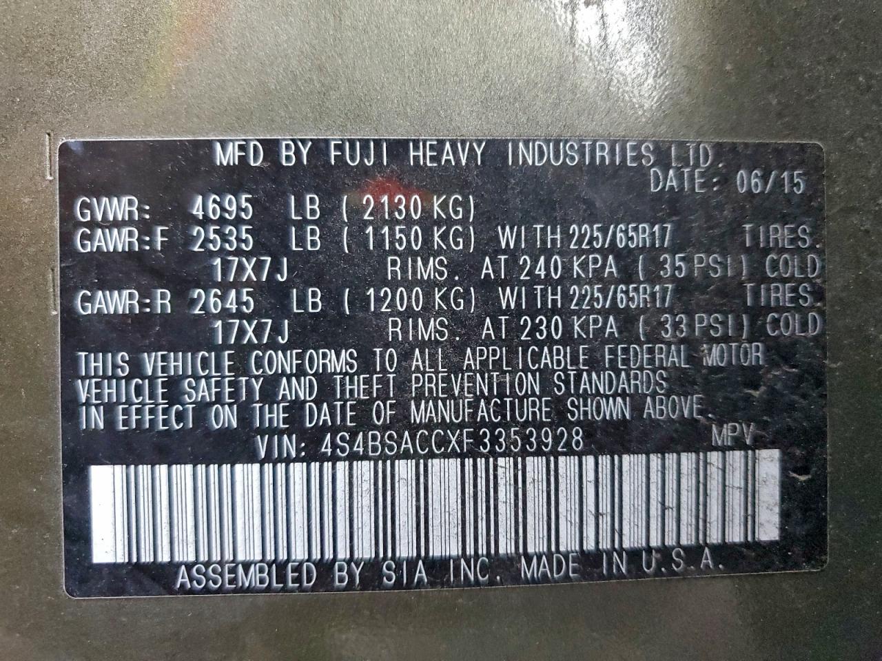 2015 Subaru Outback 2.5I Premium VIN: 4S4BSACCXF3353928 Lot: 93689605