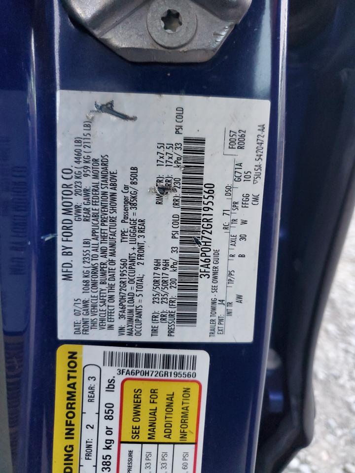 2016 Ford Fusion Se VIN: 3FA6P0H72GR195560 Lot: 92732585