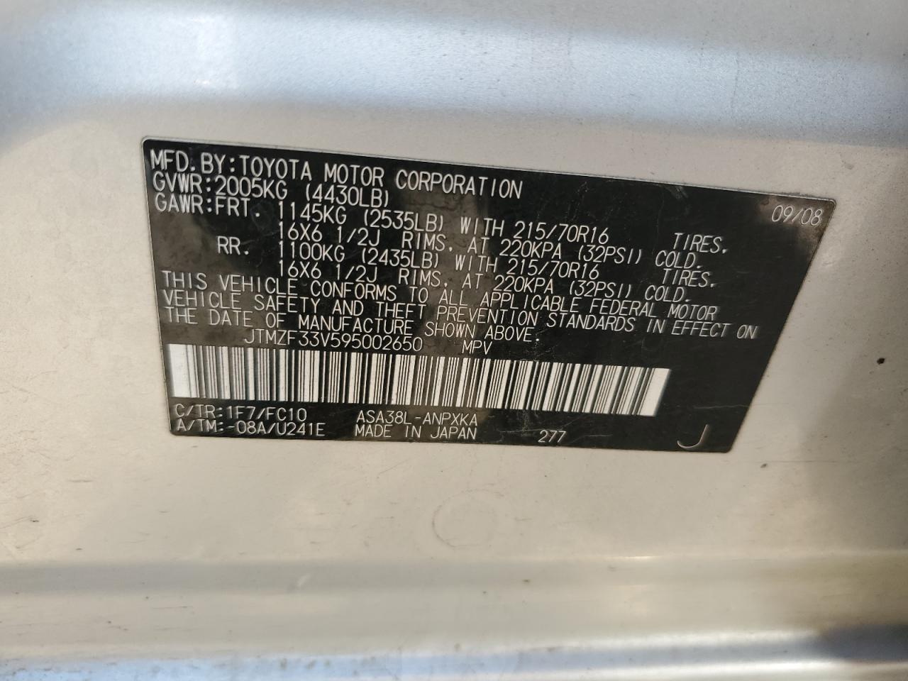 2009 Toyota Rav4 VIN: JTMZF33V595002650 Lot: 91314375