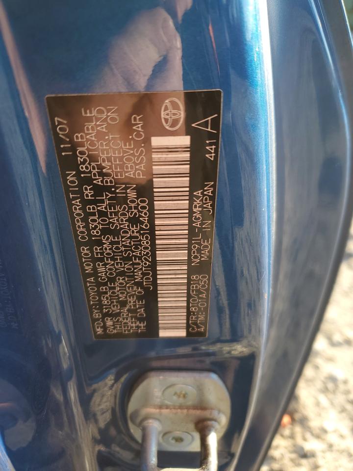 2008 Toyota Yaris VIN: JTDJT923085164600 Lot: 93104885