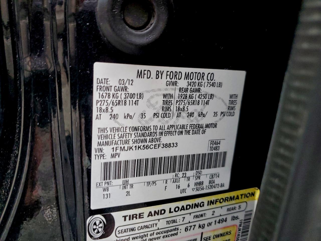 2012 Ford Expedition El Limited VIN: 1FMJK1K56CEF38833 Lot: 93622685