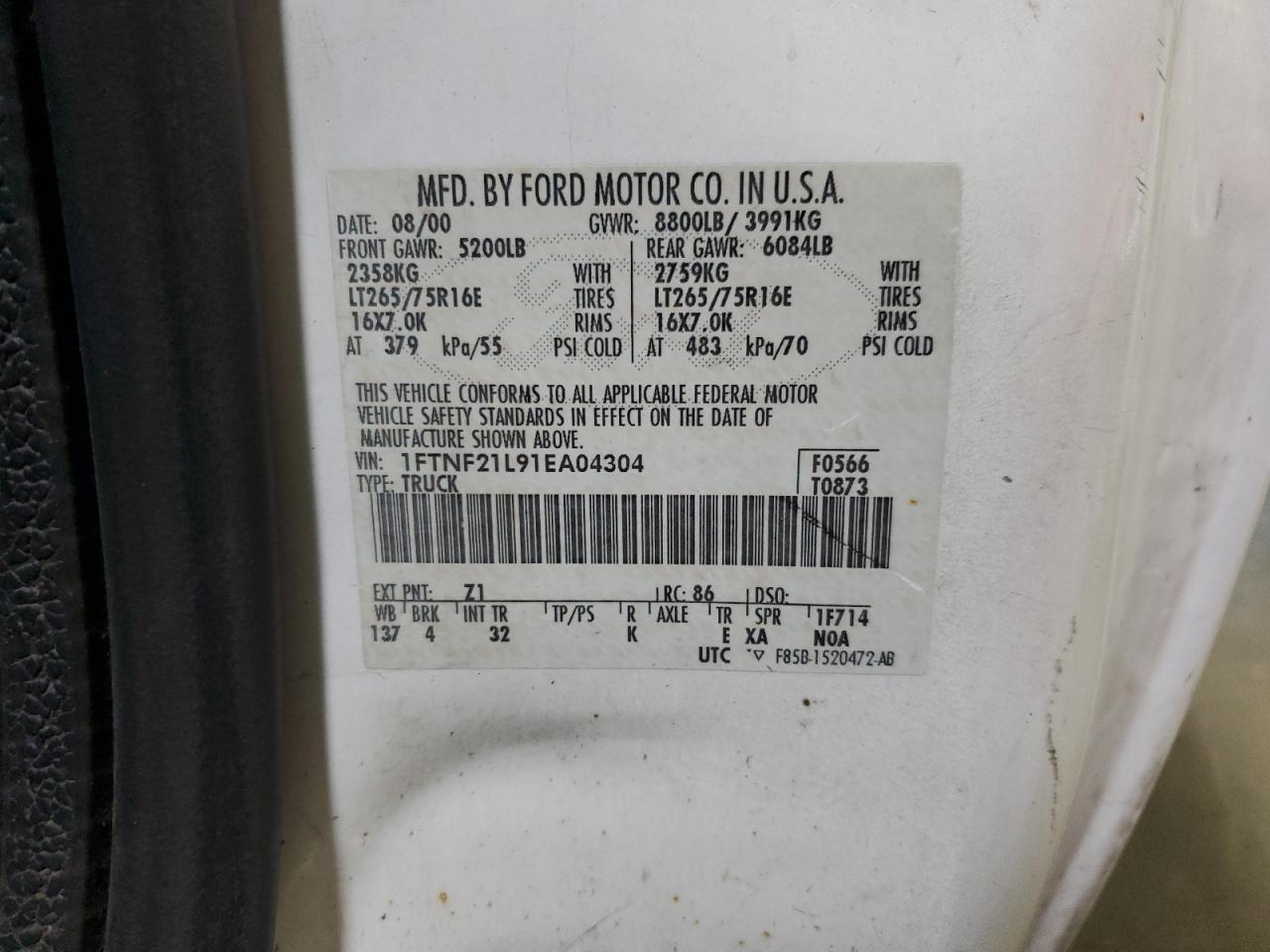 2001 Ford F250 Super Duty VIN: 1FTNF21L91EA04304 Lot: 92467355