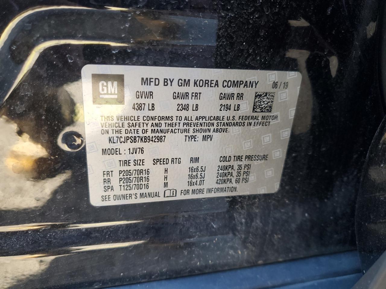 2019 Chevrolet Trax 1Lt VIN: KL7CJPSB7KB942987 Lot: 91166205