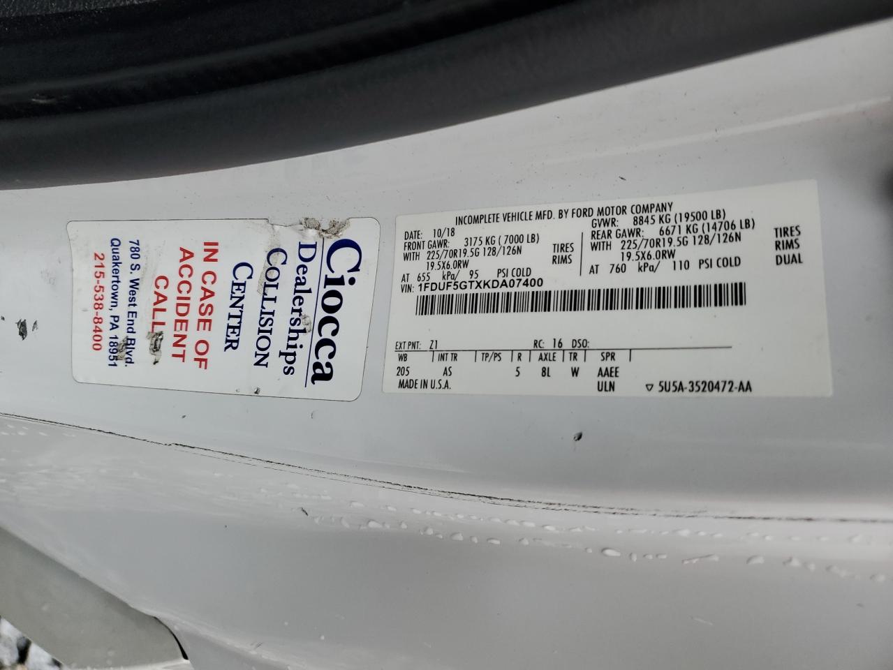 2019 Ford F550 Super Duty VIN: 1FDUF5GTXKDA07400 Lot: 93220485