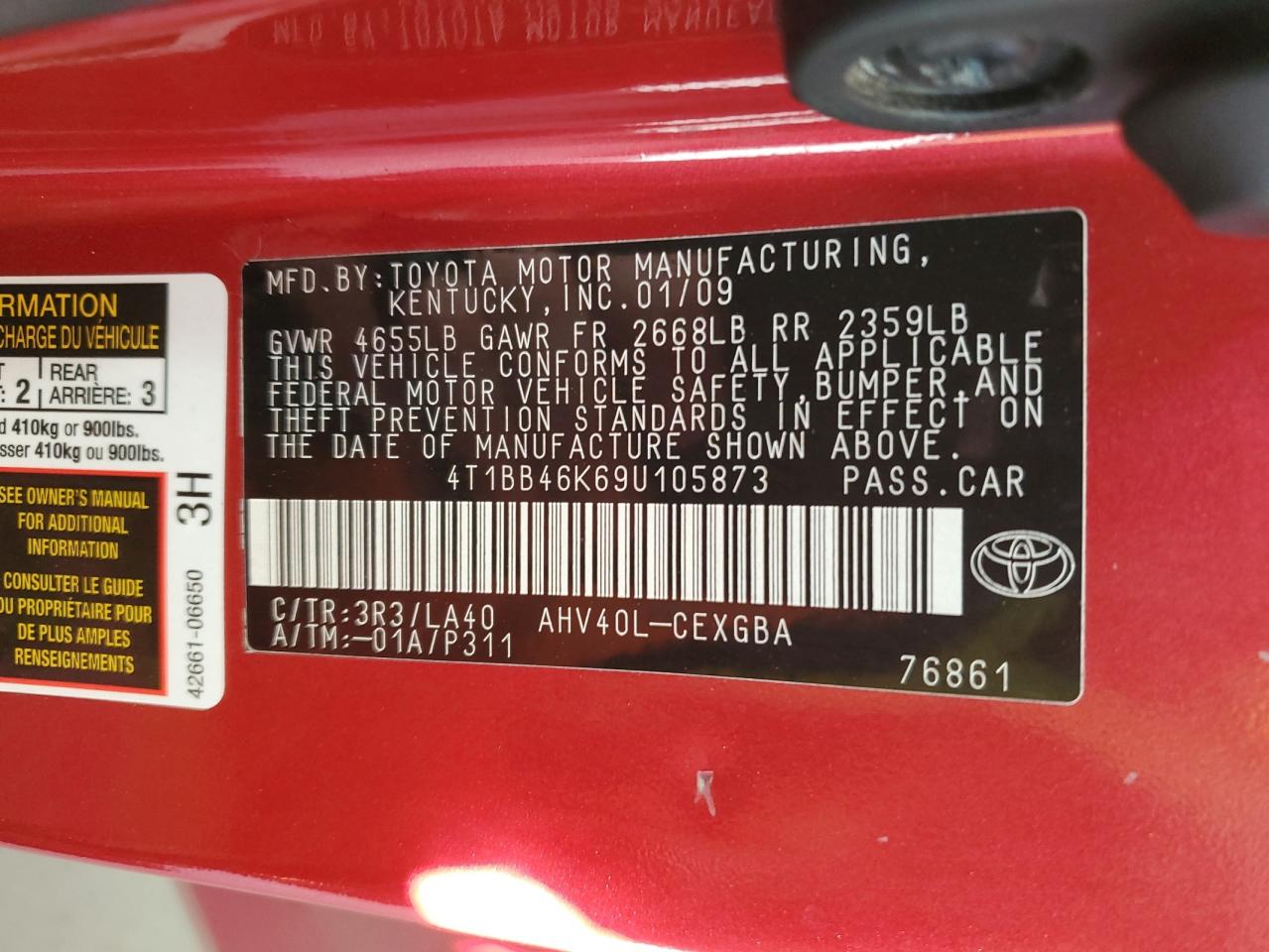 2009 Toyota Camry Hybrid VIN: 4T1BB46K69U105873 Lot: 92288845