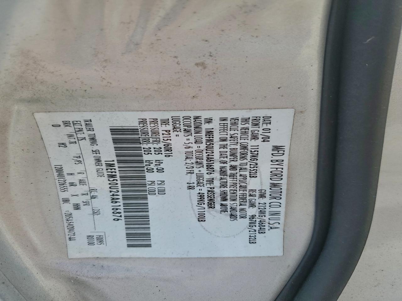 2004 Mercury Sable Gs VIN: 1MEFM50U24A616876 Lot: 94434595