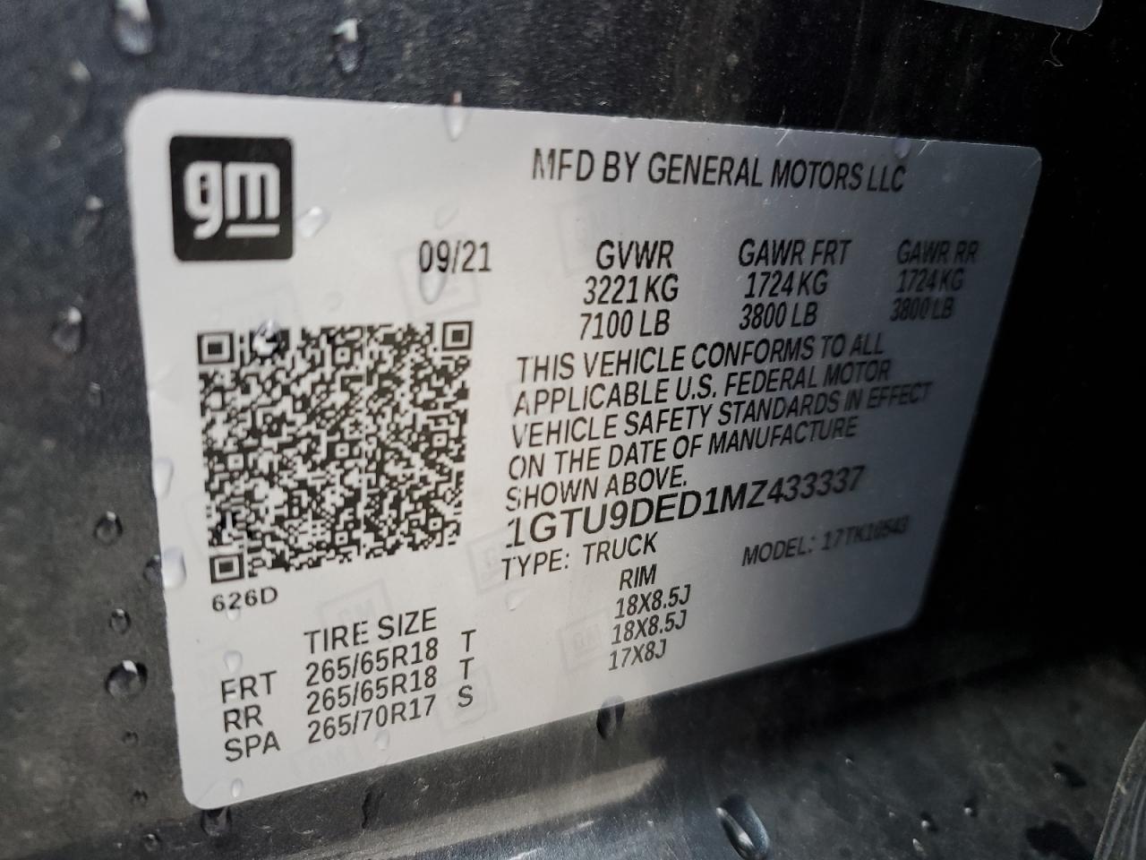 2021 GMC Sierra K1500 Slt VIN: 1GTU9DED1MZ433337 Lot: 93217775