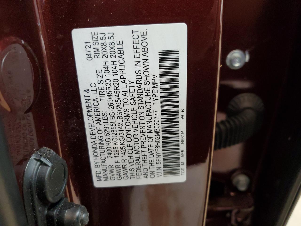 2021 Honda Passport Elite VIN: 5FNYF8H02MB020777 Lot: 91899065