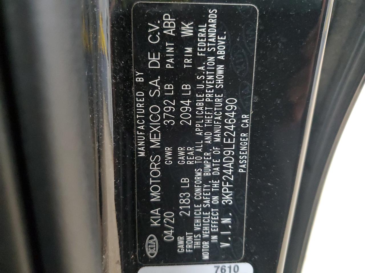 2020 Kia Forte Fe VIN: 3KPF24AD9LE246490 Lot: 92593675