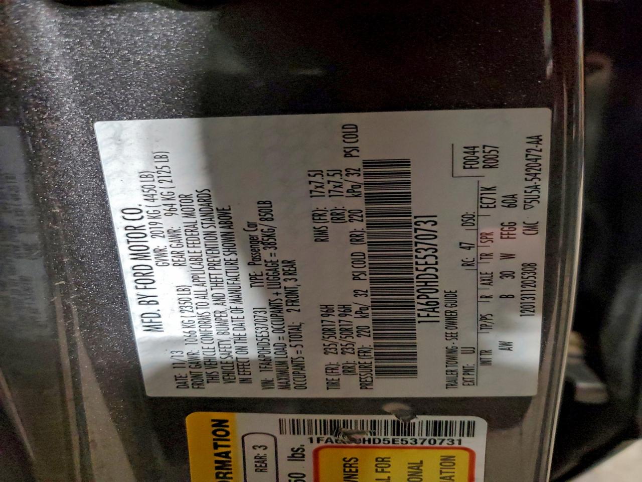 2014 Ford Fusion Se VIN: 1FA6P0HD5E5370731 Lot: 93489275