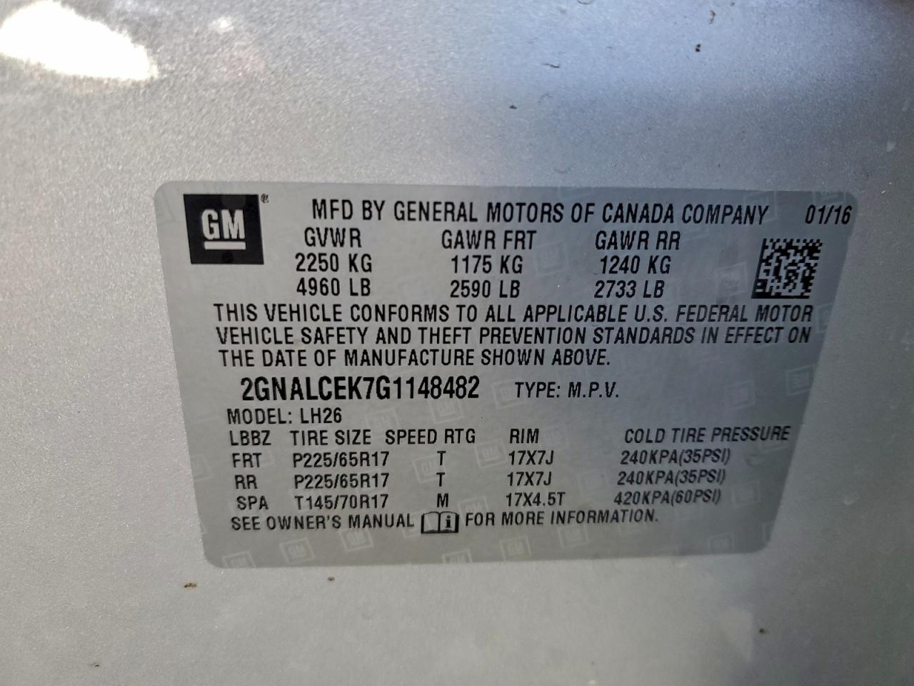 2016 Chevrolet Equinox Lt VIN: 2GNALCEK7G1148482 Lot: 94500175