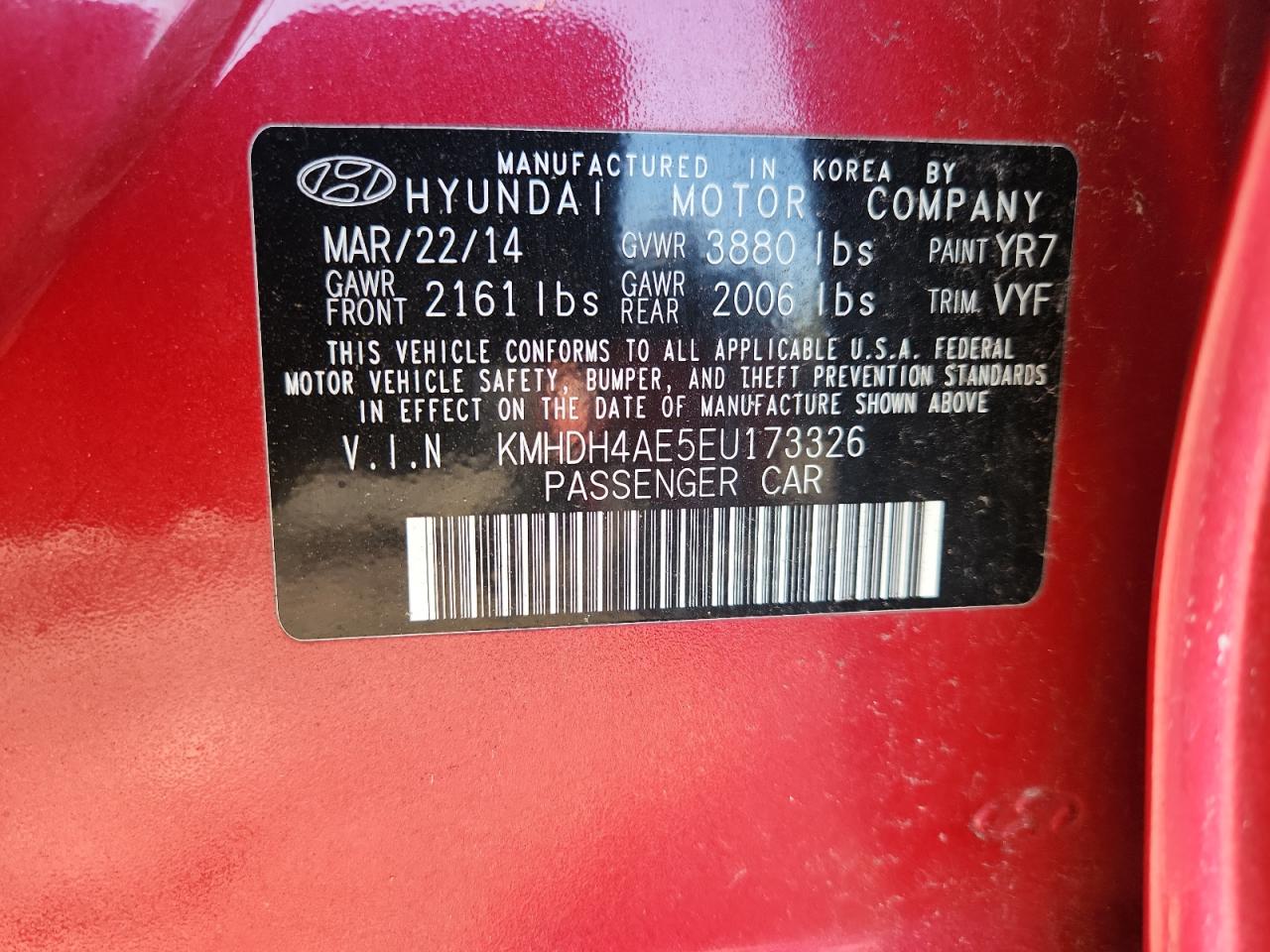 2014 Hyundai Elantra Se VIN: KMHDH4AE5EU173326 Lot: 92361215