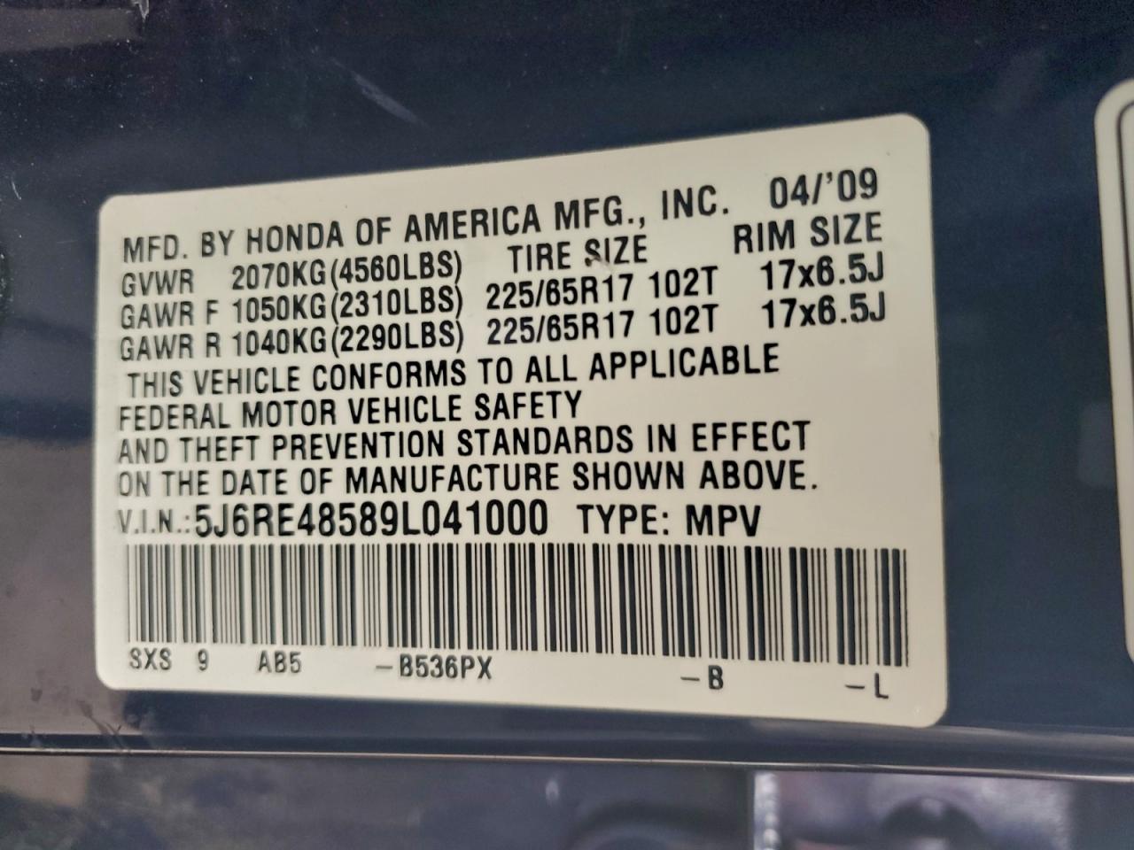 2009 Honda Cr-V Ex VIN: 5J6RE48589L041000 Lot: 94543985