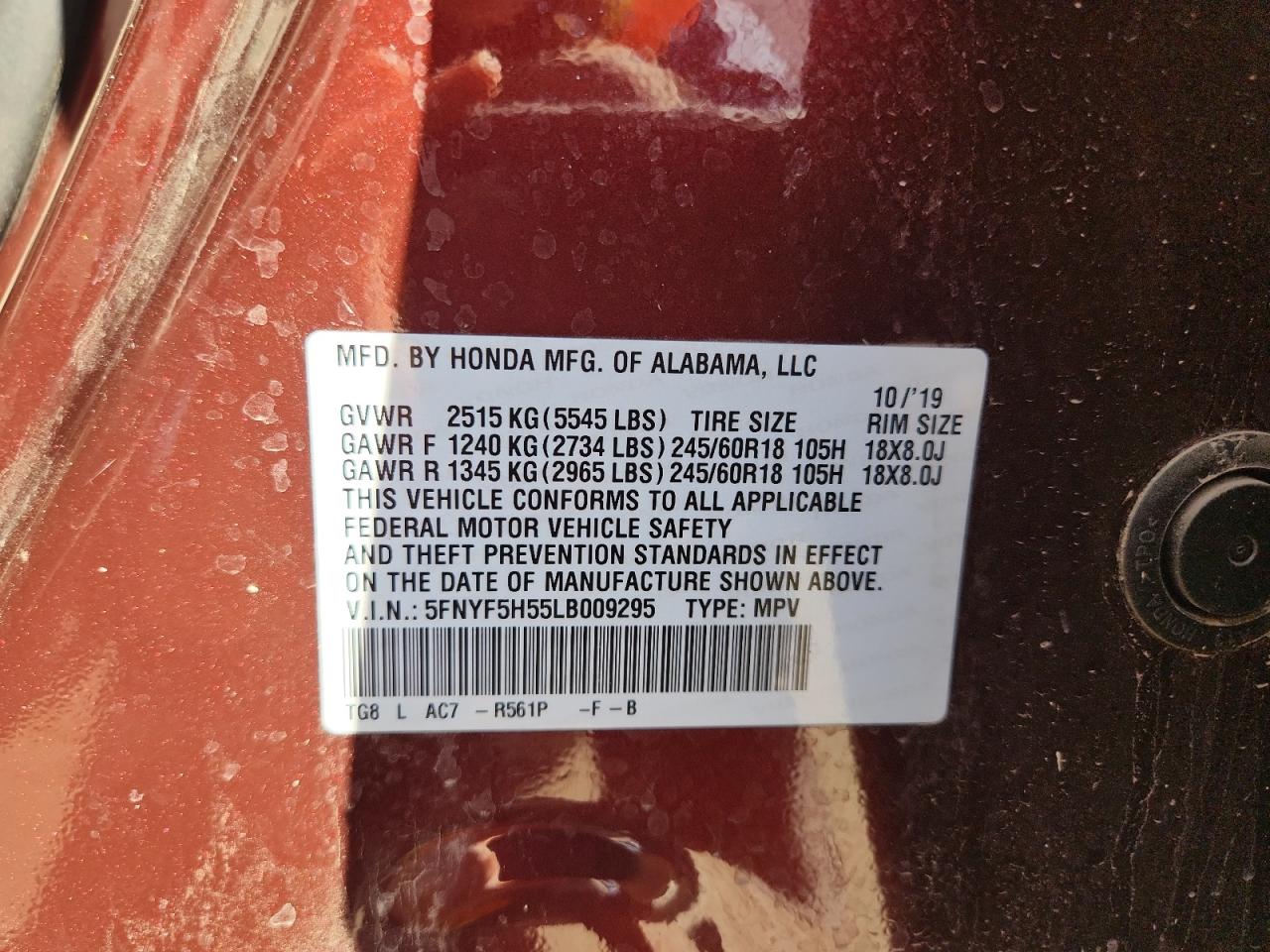 2020 Honda Pilot Exl VIN: 5FNYF5H55LB009295 Lot: 89811795