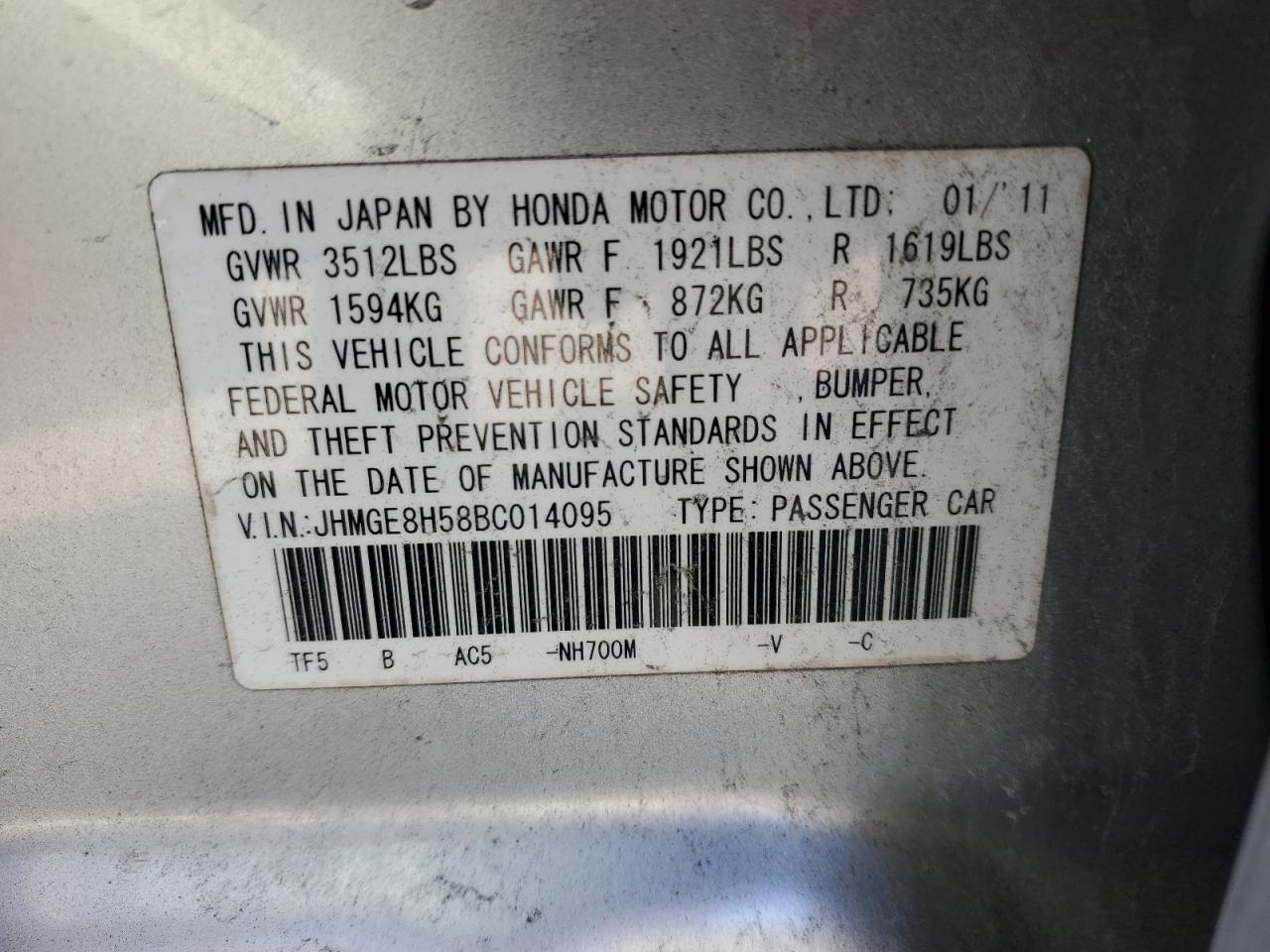 2011 Honda Fit Sport VIN: JHMGE8H58BC014095 Lot: 93601395