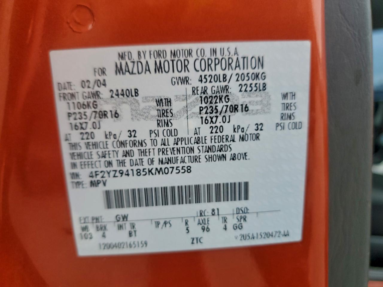 2005 Mazda Tribute S VIN: 4F2YZ94185KM07558 Lot: 93336465