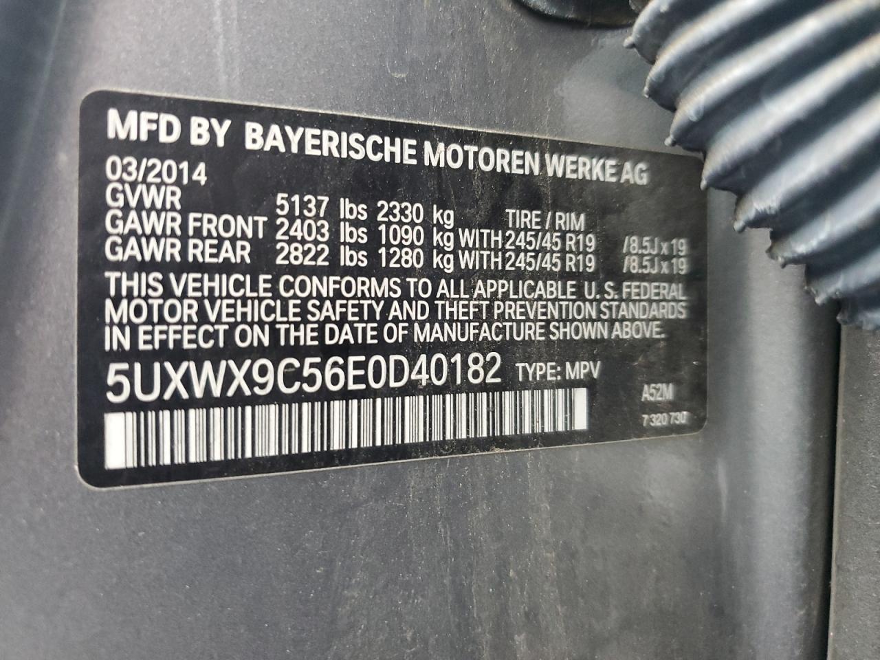 2014 BMW X3 xDrive28I VIN: 5UXWX9C56E0D40182 Lot: 92689075