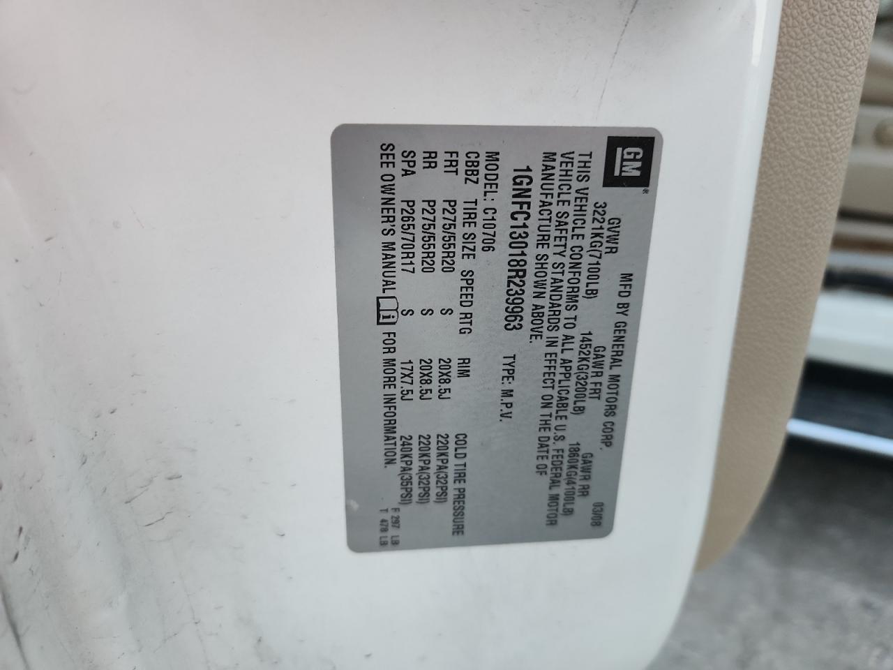 2008 Chevrolet Tahoe C1500 VIN: 1GNFC13018R239963 Lot: 91524595