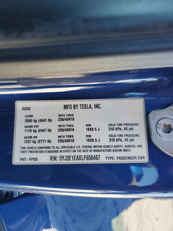 2020 Tesla Model 3 VIN: 5YJ3E1EAXLF658467 Lot: 90877305