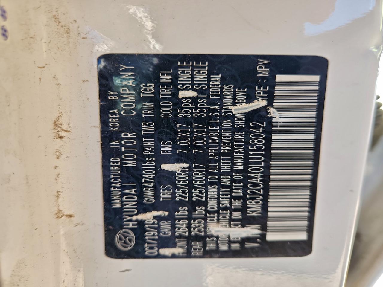 2020 Hyundai Tucson Se VIN: KM8J2CA40LU158042 Lot: 94752545