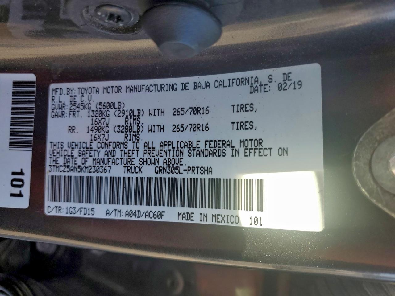 2019 Toyota Tacoma Double Cab VIN: 3TMCZ5AN5KM230367 Lot: 94633615