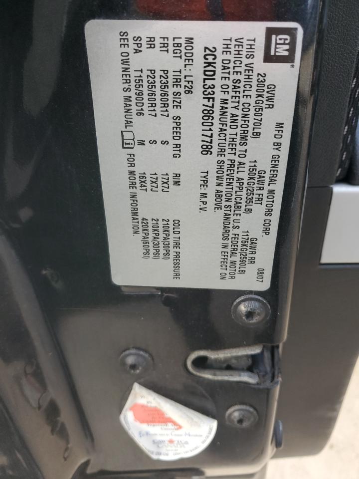 2008 Pontiac Torrent VIN: 2CKDL33F786017786 Lot: 92463465