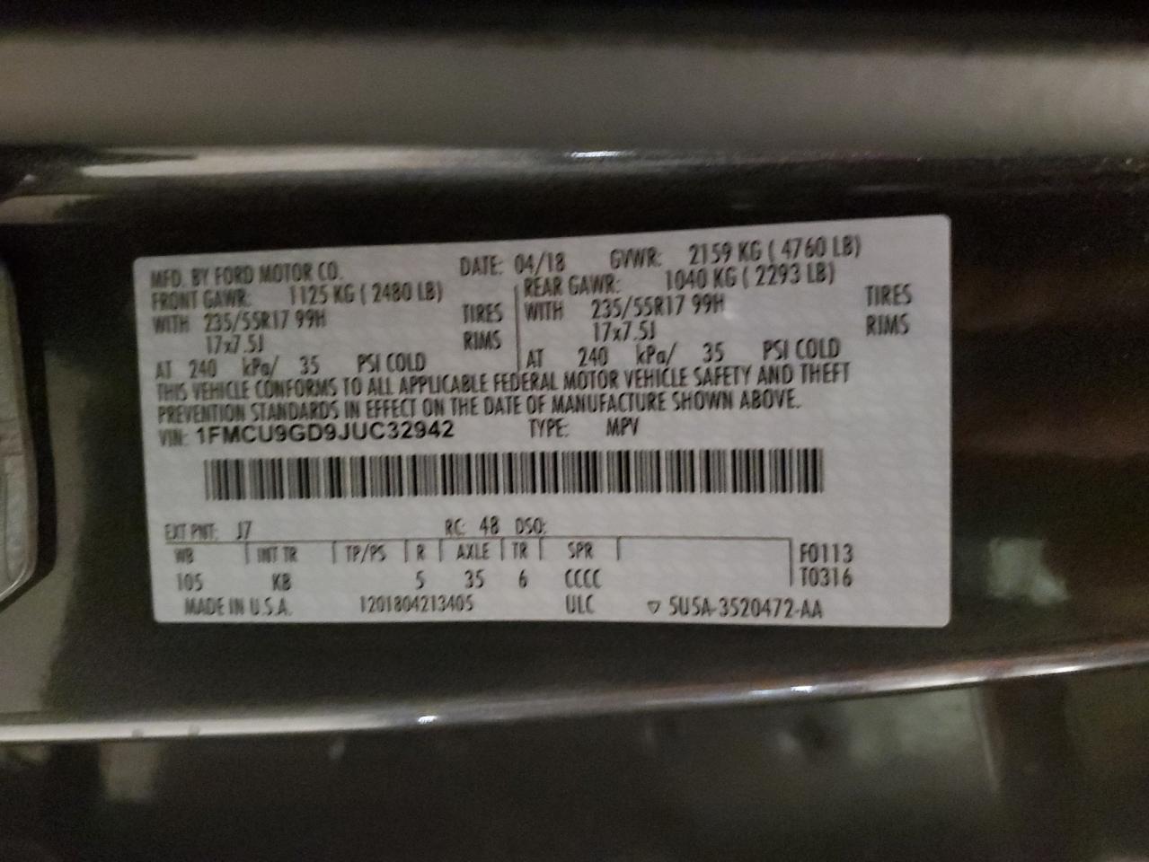 2018 Ford Escape Se VIN: 1FMCU9GD9JUC32942 Lot: 92079345