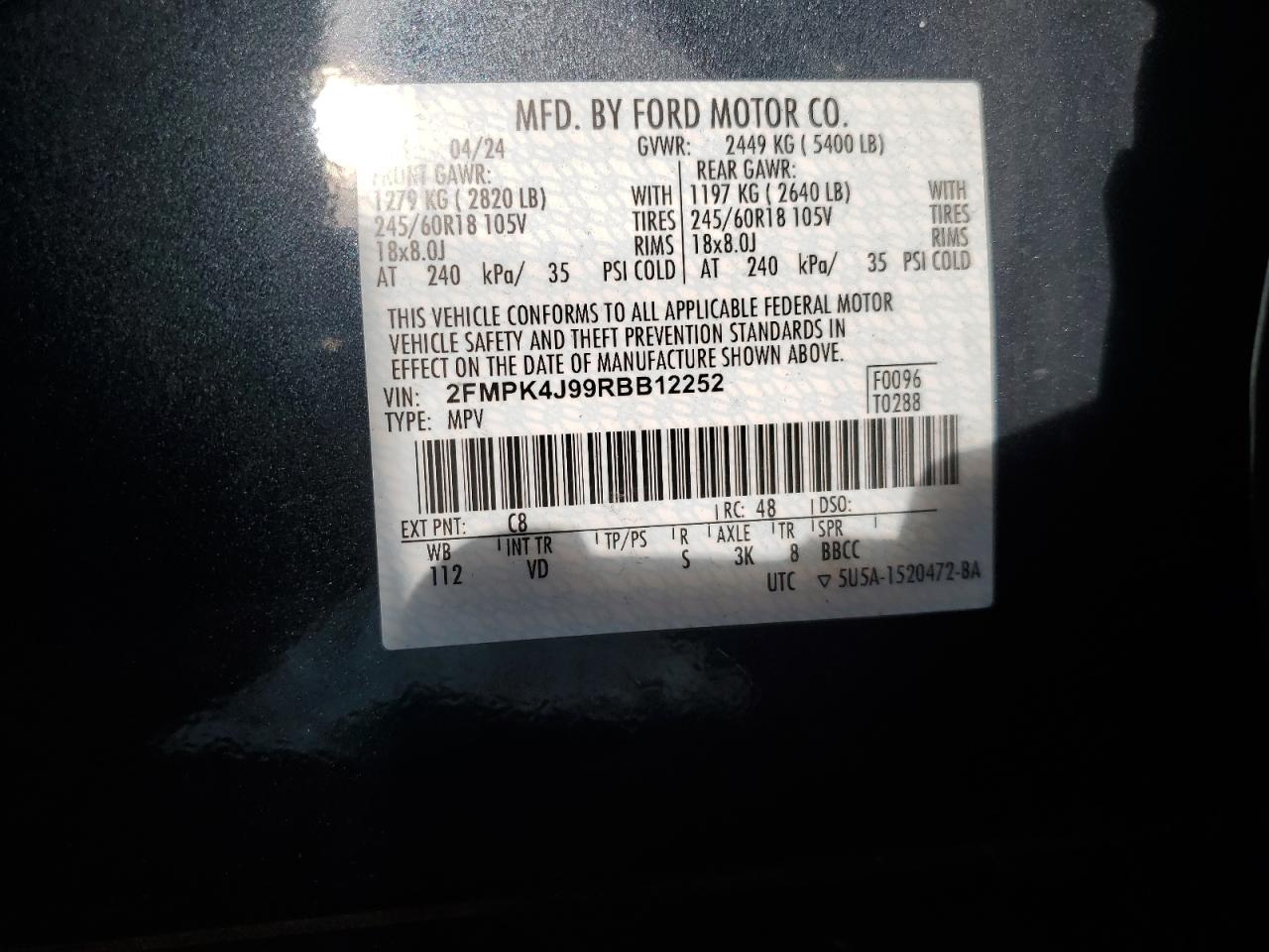 2024 Ford Edge Sel VIN: 2FMPK4J99RBB12252 Lot: 92029075