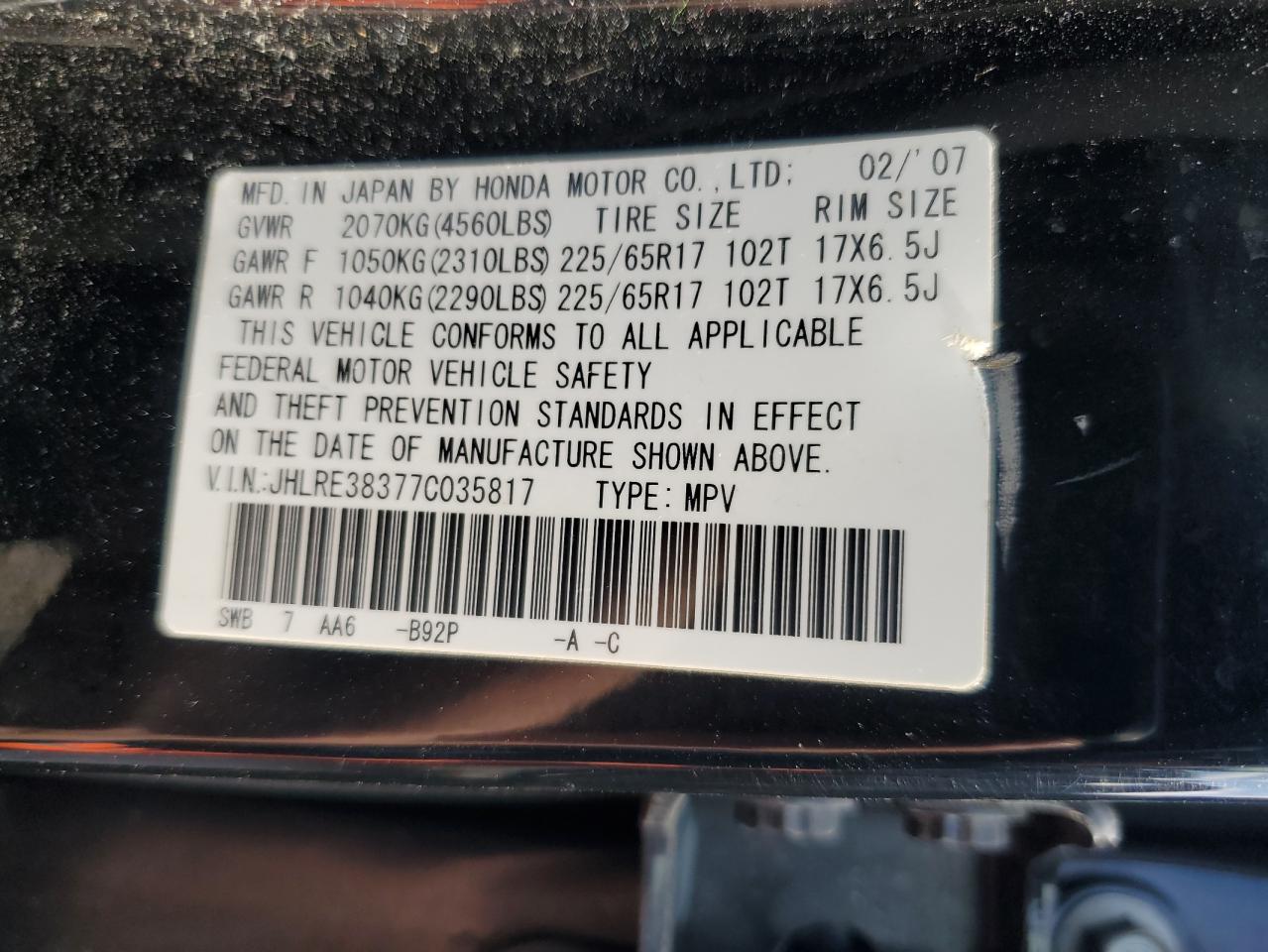 2007 Honda Cr-V Lx VIN: JHLRE38377C035817 Lot: 91370305