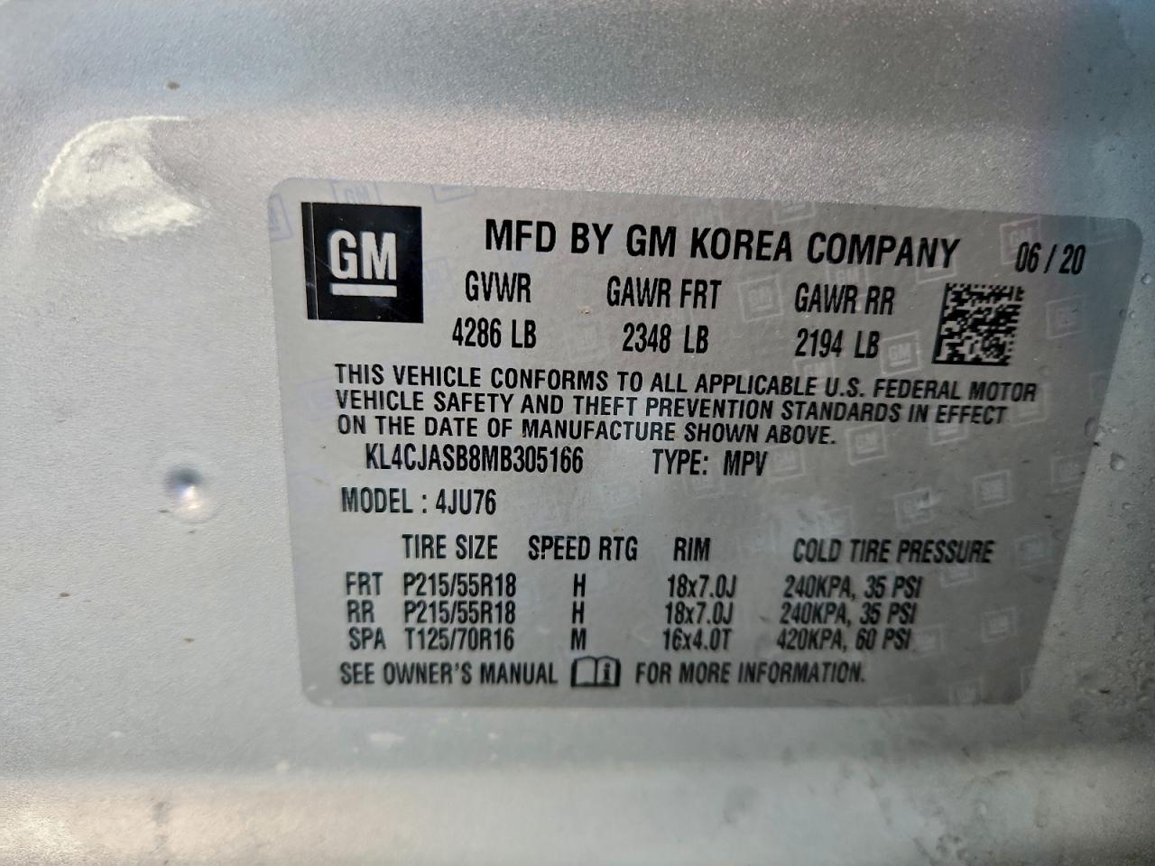 2021 Buick Encore Preferred VIN: KL4CJASB8MB305166 Lot: 94150955