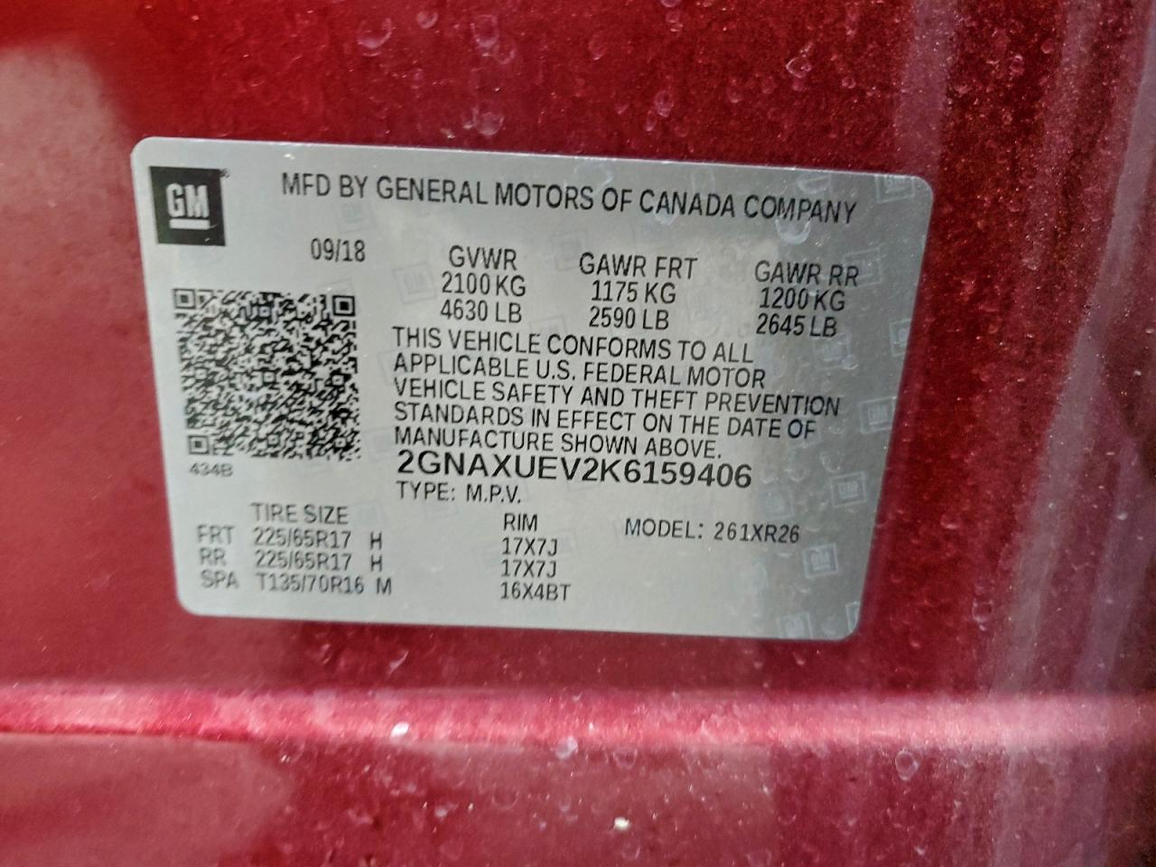 2019 Chevrolet Equinox Lt VIN: 2GNAXUEV2K6159406 Lot: 94686865