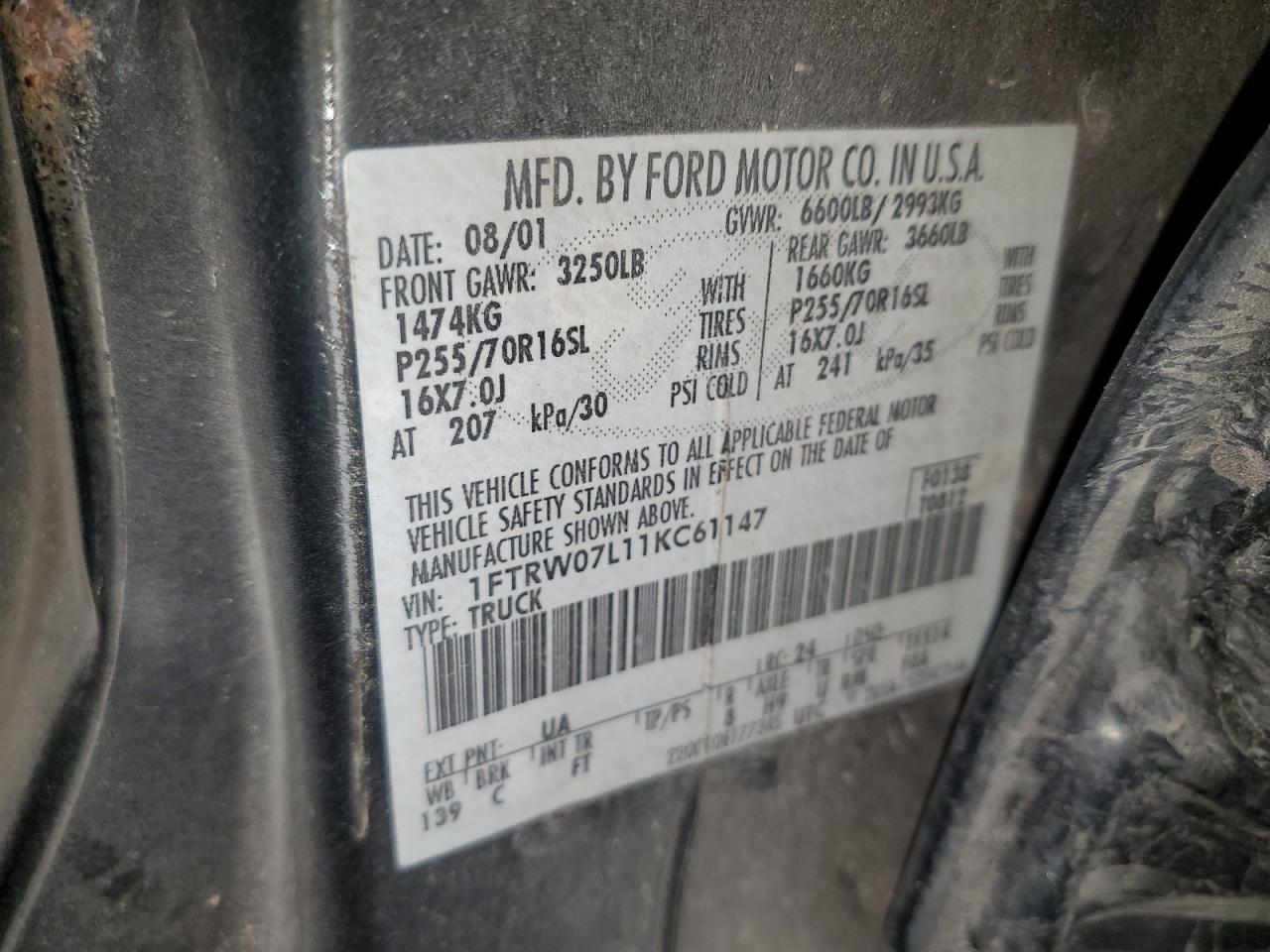 2001 Ford F150 Supercrew VIN: 1FTRW07L11KC61147 Lot: 92007505