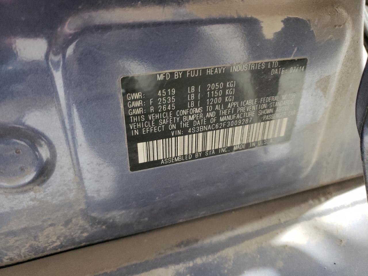 2015 Subaru Legacy 2.5I Premium VIN: 4S3BNAC62F3009287 Lot: 92719815