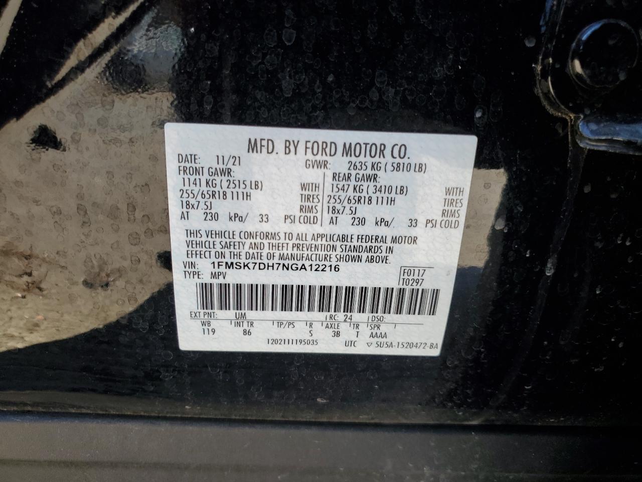 2022 Ford Explorer Xlt VIN: 1FMSK7DH7NGA12216 Lot: 92395845