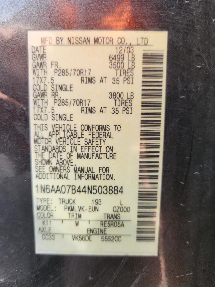 2004 Nissan Titan Xe VIN: 1N6AA07B44N503884 Lot: 93353285